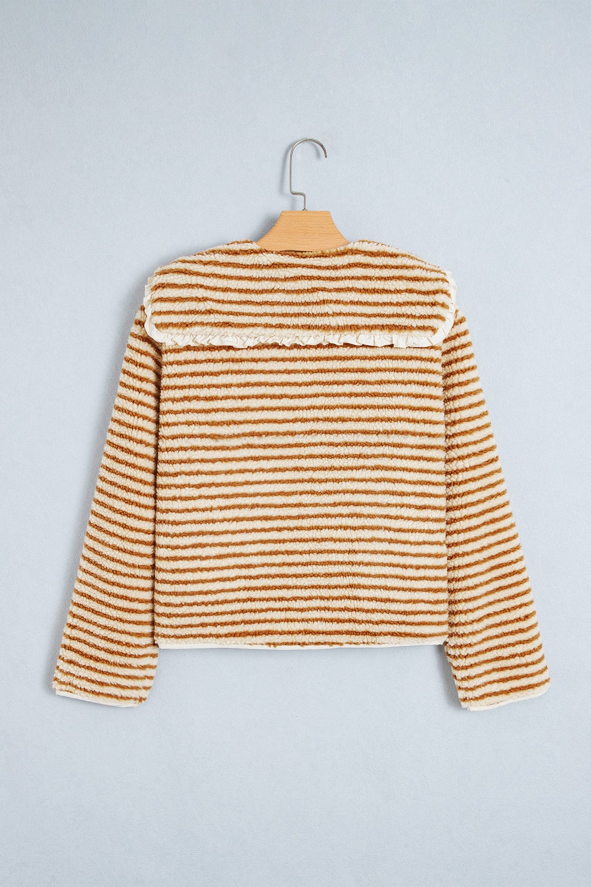 Stripe Fleece Ruffle Collar Button Front Jacket