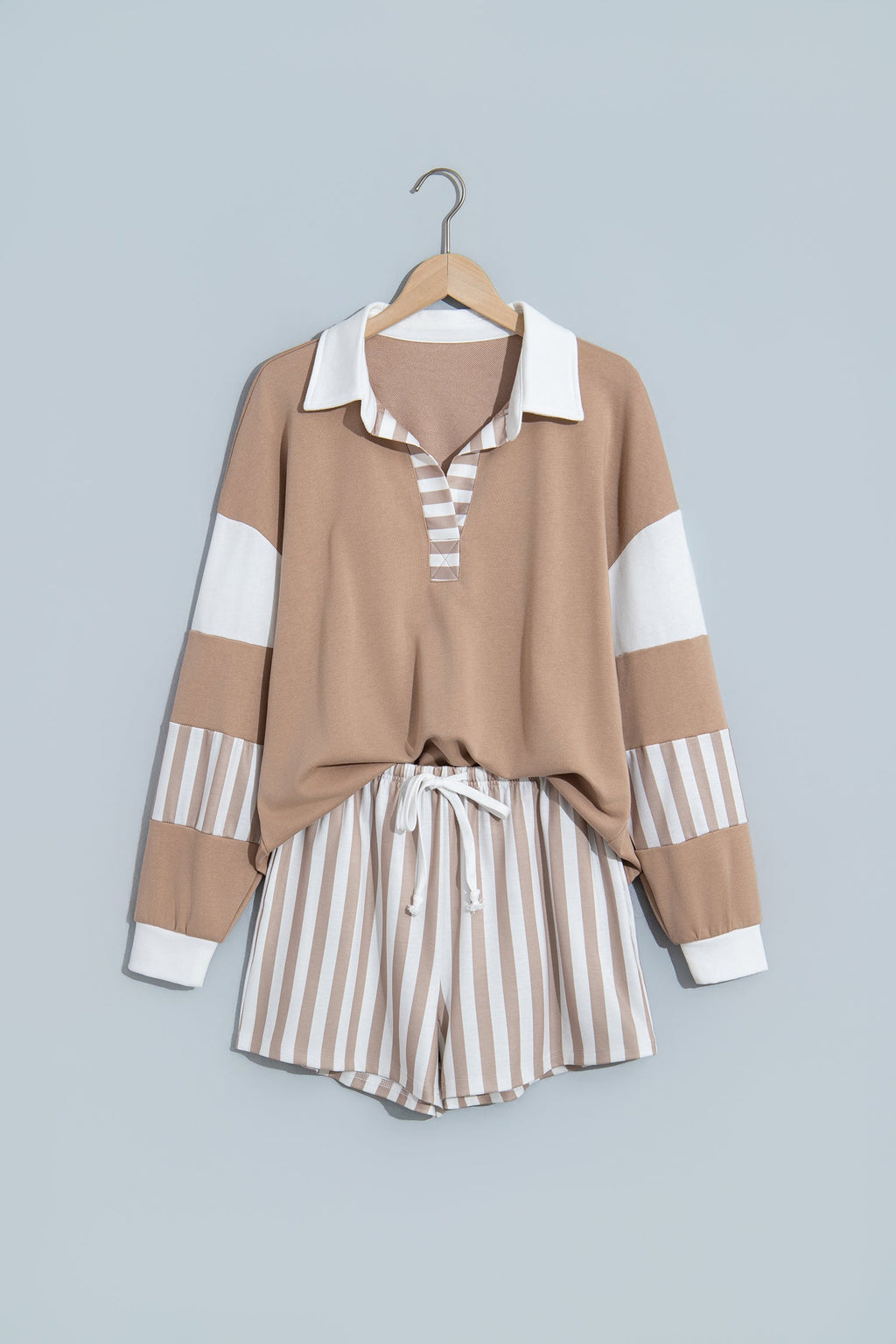 Stripe Colorblock Polo Top & Drawstring Shorts Set