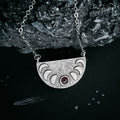 Lunar Eclipse Half Circle Pendant Necklace with Moon Phases and Black Opal