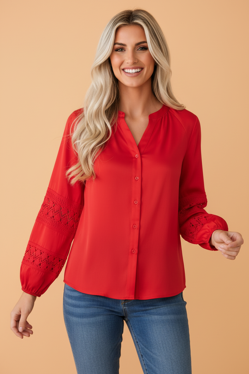 Solid Lace Patchwork Long Sleeve Buttoned Shirt