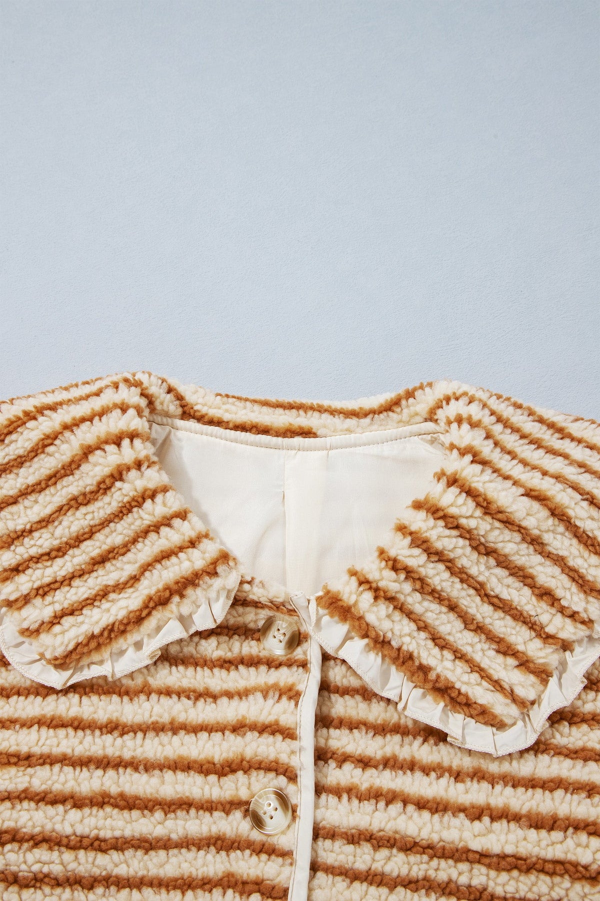 Stripe Fleece Ruffle Collar Button Front Jacket