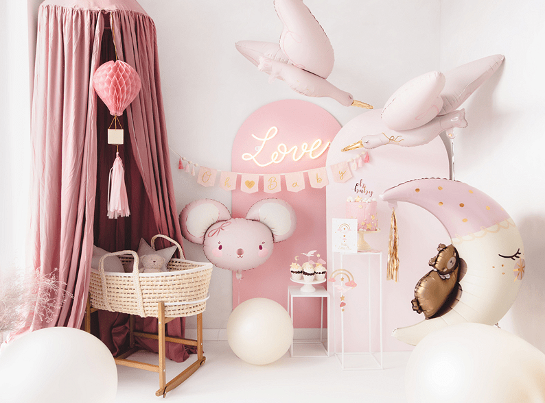 Foil Teddy Bear on the Moon Balloon - Light Pink with Gold Tassel | 28x34 Inches